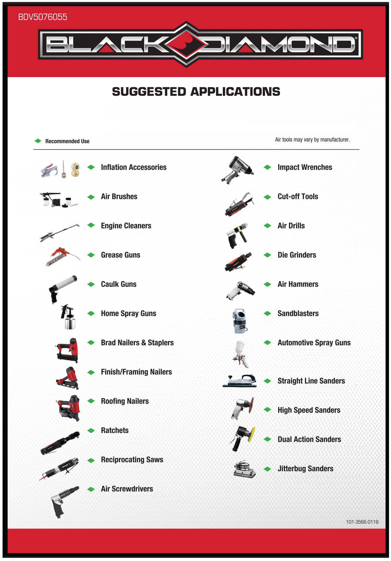Suggested applications for the 60 gallon Black Diamond air compressor